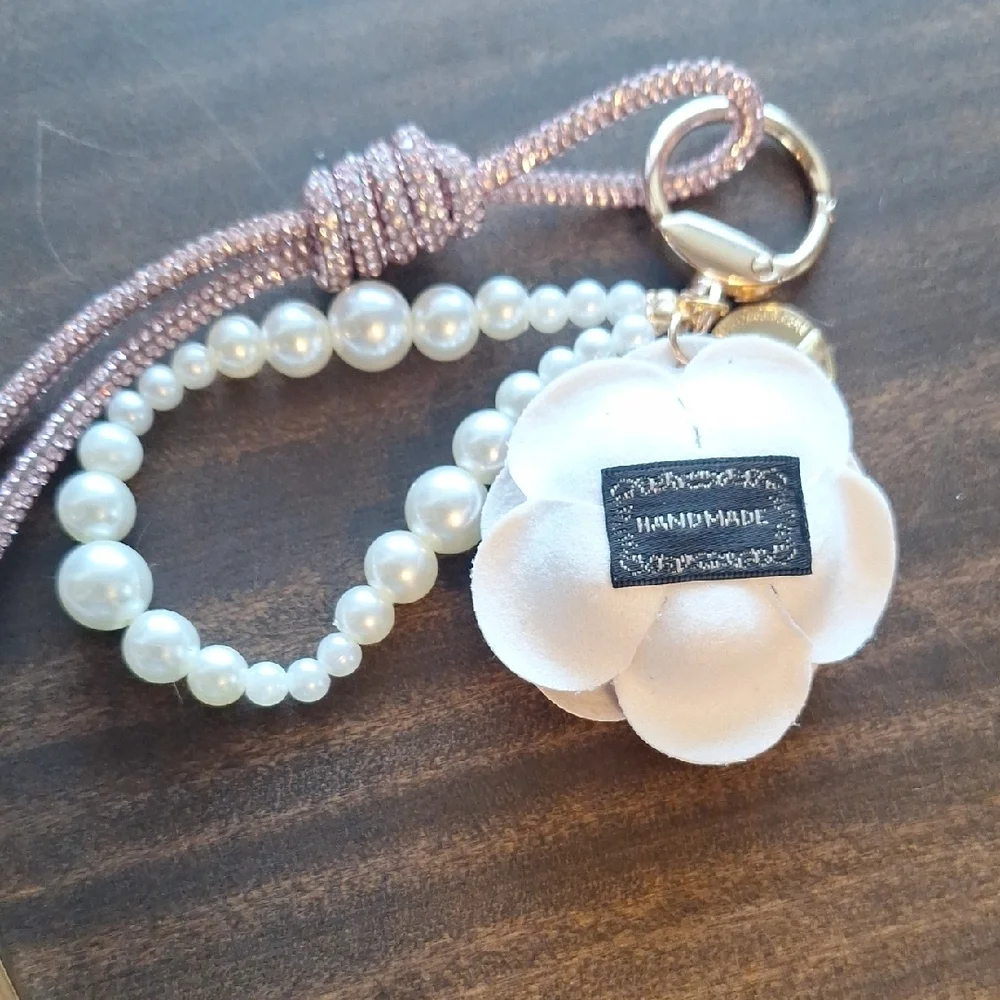Elegant Pink Rose Bag Charm with Pearls